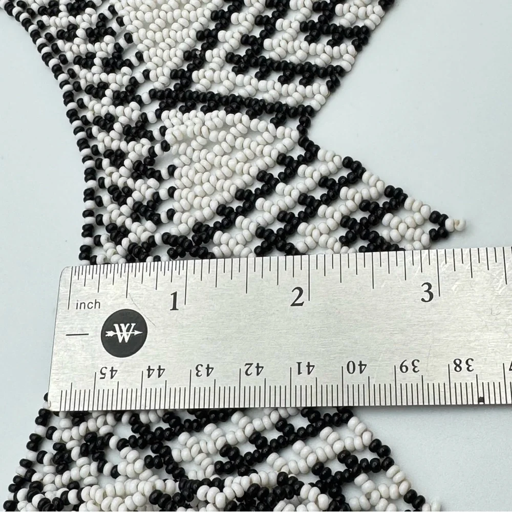 Hand Beaded Black & White Tribal Collar Necklace Statement Bib